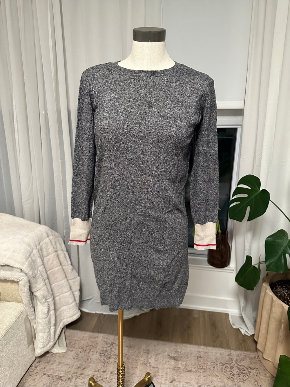 Roots Charcoal Heather Long-Sleeve Knit Dress with Cream & Red Cuff Detail